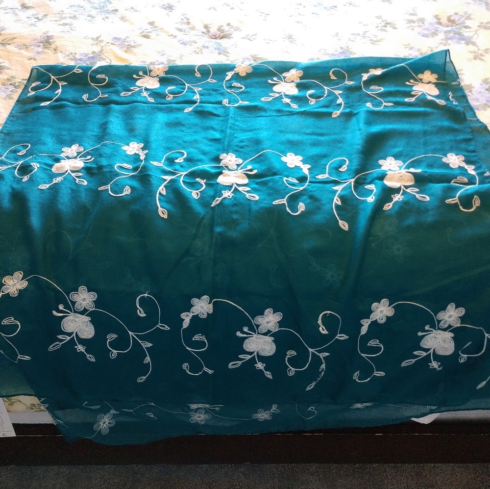 C Brand Teal Blue Green Shawl Scarf White Flowers